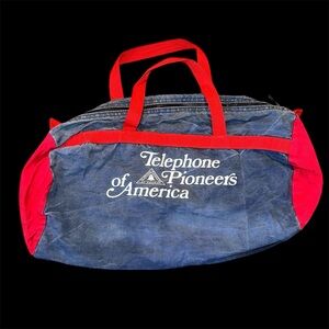 Vintage 80s Telephone Pioneers of America chambray blue and red duffel bag